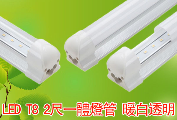 LED T8 2尺一體燈管 暖白透明